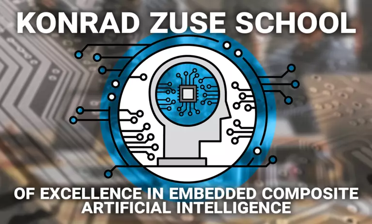 Der Text "Konrad Zuse School of excellence in embedded composite artificial intelligence" mit einem stilisierten Chip in einem abstrahierten Kopf einer Person, und einem integrierten Schaltkreis im Hintergrund