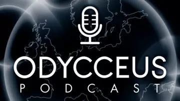 ODYCCEUS Logo mit stilisierten Mikrofon, Karte von Europa im Hintergrund 
