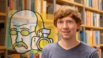 Portrait of Sebastian Bürger in front of bookshelves and the Math Planck People logo