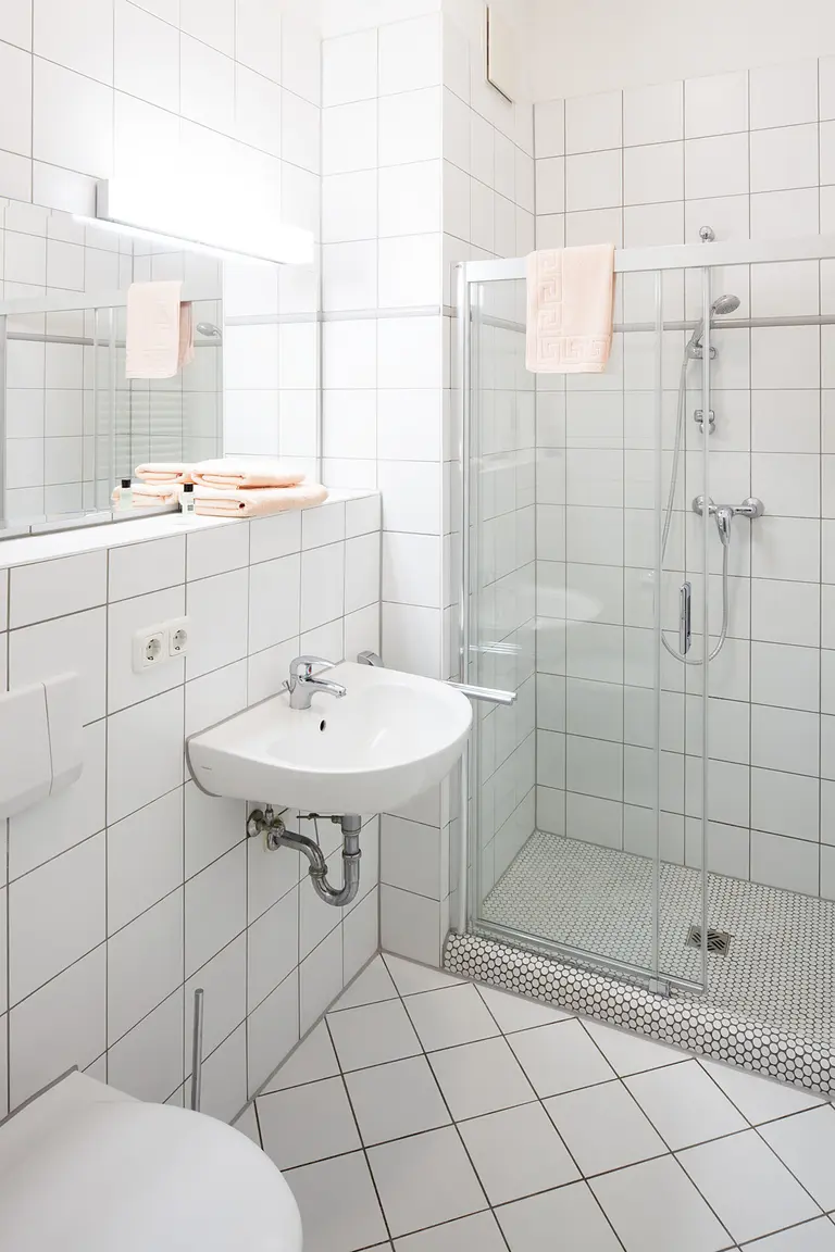 Bathtroom with shower, toilet and sink