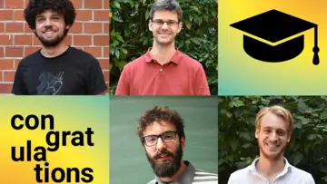 Portraits of Tim Seynnaeve, Paul Görlach, Konstantinos Zemas and Orlando Marigliano alongside a doctoral cap and the word "congratulations"