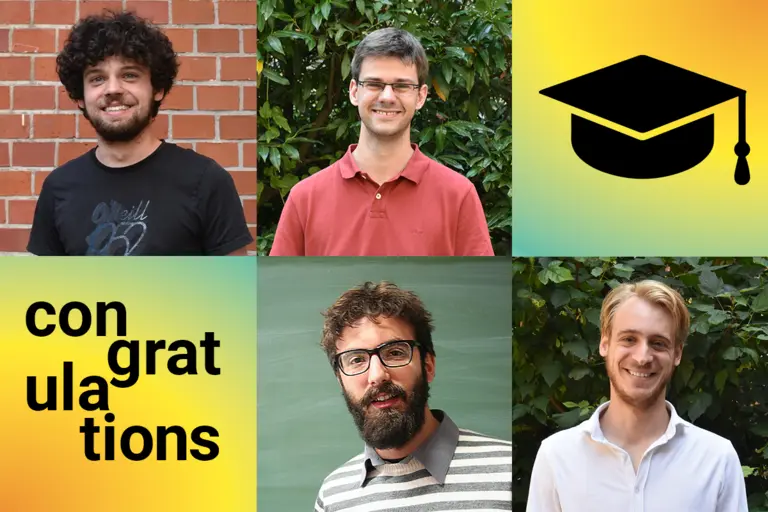 Portraits of Tim Seynnaeve, Paul Görlach, Konstantinos Zemas and Orlando Marigliano alongside a doctoral cap and the word "congratulations"