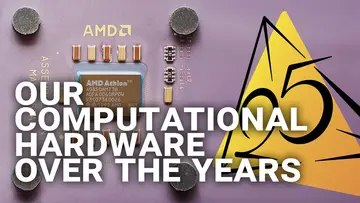 The text "Our computational hardware over the years" next to the 25 years MiS Logo with an AMD processor in the background