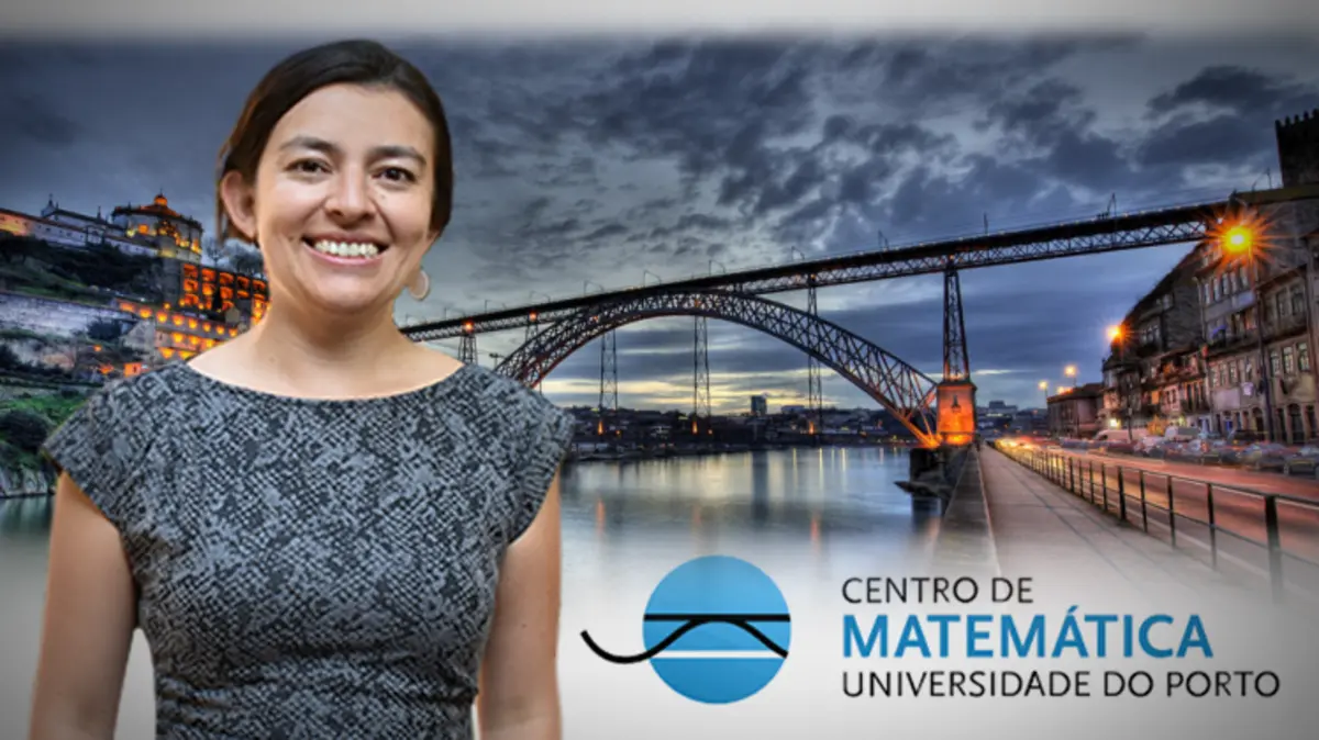 Eliana Duarte und Centro de Matemática Logo mit Porto, Portugal im Hintergrund