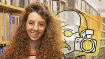 Portrait of Lisa Seccia in front of bookshelves and the Math Planck People logo