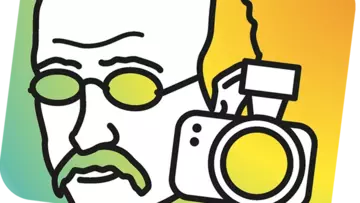 A stylized face of Max Planck next to a camera and the words 'Math Planck People'