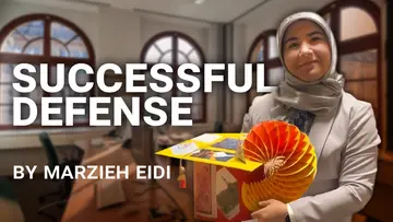 Portrait of Marzieh Eidi holding her doctoral hat next to the words "Successful defense by Marzieh Eidi