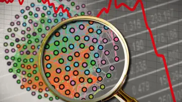 A network of stocks is investigated with a magnifying glass with a declining stock price curve in the background