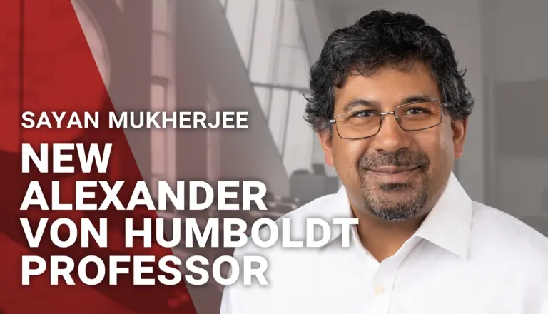 Portrait von Sayan Mukherjee neben dem Text "New Alexander von Humboldt Professor"