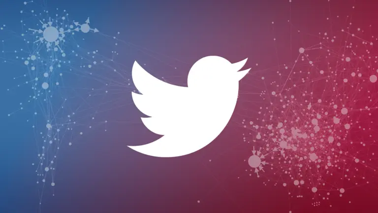 Blue and red gradient with white dots and the former Twitter bird logo