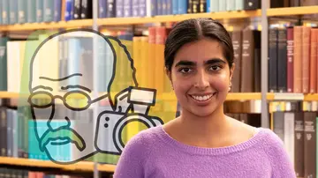 Portrait of Niharika Paul in front of bookshelves and the Math Planck People logo