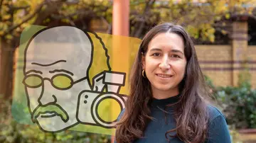 Portrait of Elena Salguero outside and the Math Planck People logo