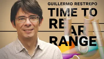 Portrait of Guillermo Restrepo next to the words "Time to rearrange" arranged around some beakers with chemical substances