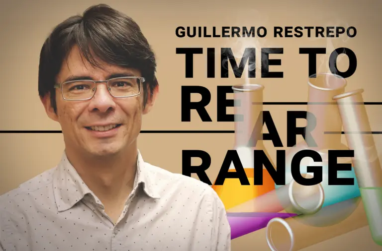 Portrait of Guillermo Restrepo next to the words "Time to rearrange" arranged around some beakers with chemical substances