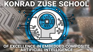 The text "Konrad Zuse School of excellence in embedded composite artificial intelligence" with a stylized chip in the head of a person and an integrated circuit in the background