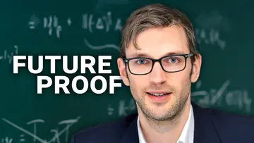Portrait of Jonas Sauer in front of a blackboard next to the words "Future proof"