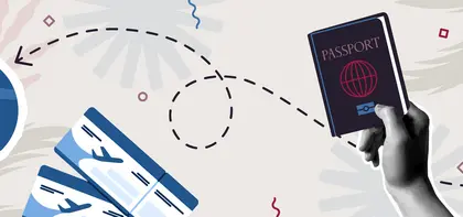 Header image for the Visa and Entry page with illustrations of the earth, a passport and an airplane