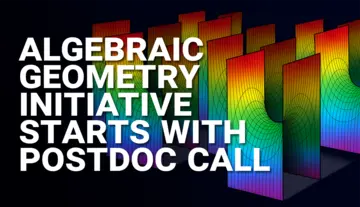 The text "Algebraic Geometry initiative starts with Postdoc call" with saddle surfaces in the background