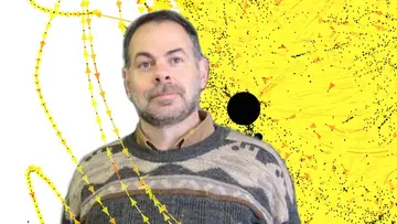 Portrait of Emil Saucan, in the background a curvature-colored network plot of a Google web graph