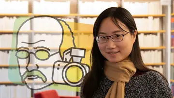 Portrait of Enya Hsiao in front of bookshelves and the Math Planck People logo