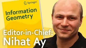 Portrait of Nihat Ay next to Journal of Information Geometry cover