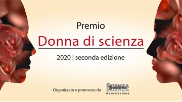 Two stylized female heads silhouettes facing each other with the Donna di scienza 2020 Logo between them