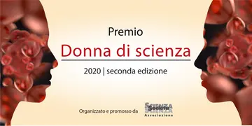 Zwei stilisierte Frauen Kopf Silhouetten in deren Mitte der Donna di scienza 2020 Schriftzug platziert ist