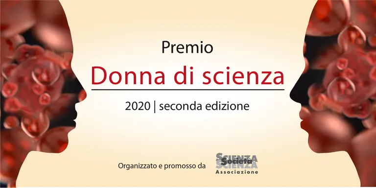 Zwei stilisierte Frauen Kopf Silhouetten in deren Mitte der Donna di scienza 2020 Schriftzug platziert ist