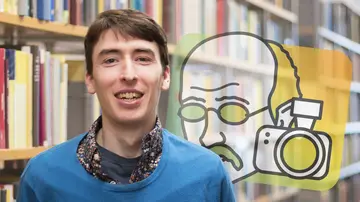 Portrait of Sam G. Krupa in front of bookshelves and the Math Planck People logo