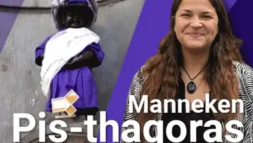 The text "Manneken Pis-thagoras", in the background a photo of Manneken Pis dressed-up as a mathematician, and a photo of Mima Stanojkovski