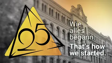 25 years MiS Logo next to "That's how we started", in the background the institute building.
