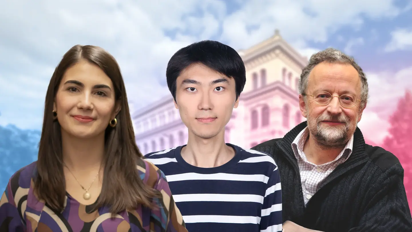 Portraits of Raffaella Mulas, Dong Zhang, and Jürgen Jost in front of the institute building (collage)