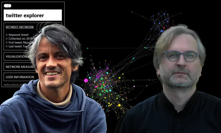 Portraits of Eckehard Olbrich & Sven Banisch in front of the twitter explorer UI