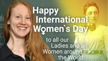 Noémie Combe next to an old portrait of Emmy Noether and the Text "Happy International Women's Day, to all our Ladies and all Women around the World!"