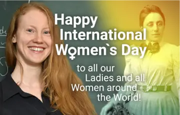 Noémie Combe next to an old portrait of Emmy Noether and the Text "Happy International Women's Day, to all our Ladies and all Women around the World!"