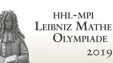 Statue of Leibniz next to the text "HHL-MPI Leibniz Mathe Olympiade 2019"