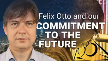 Portrait of Felix Otto next to the text "Felix Otto and our commitment to the future" with a composite image of a futuristic metropolitan skyline next to a student in our library in the background