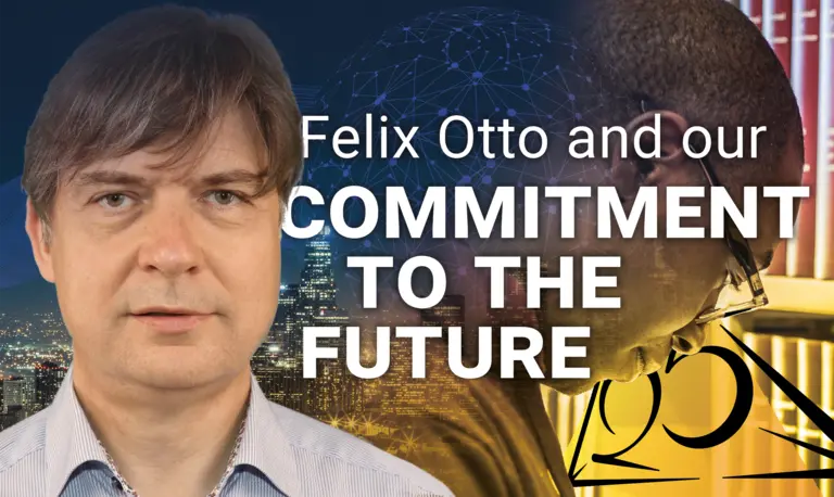 Portrait of Felix Otto next to the text "Felix Otto and our commitment to the future" with a composite image of a futuristic metropolitan skyline next to a student in our library in the background