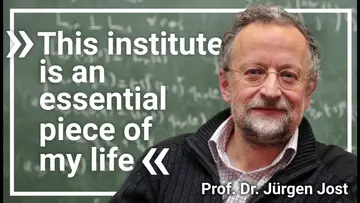 The quote "This institute is an essential piece of my life" next to a portrait of Prof. Dr. Jürgen Jost in front of a blackboard