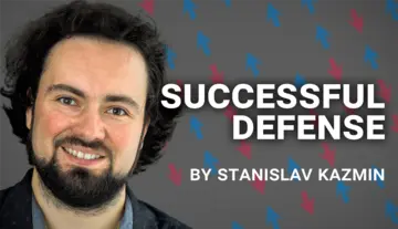 Portrait of Stanislav Kazmin with an Ising model illustration in the background next to the words "Successful defense"