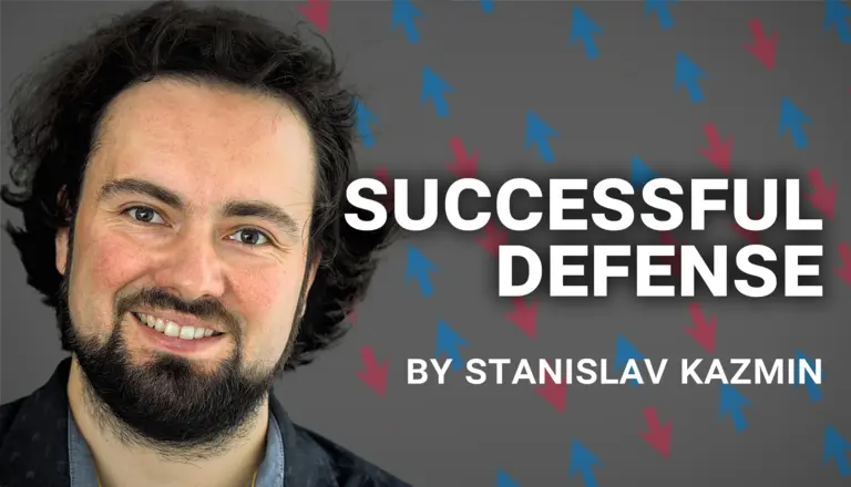 Portrait of Stanislav Kazmin with an Ising model illustration in the background next to the words "Successful defense"