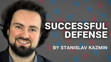 Portrait of Stanislav Kazmin with an Ising model illustration in the background next to the words "Successful defense"