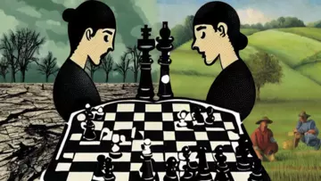 In the foreground: Two players contemplating over a chess game. In the background: a barren and dried-up landscape on the left and lush fields worked by farmers on the right