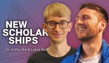 Portraits of Arthur Bik and Lukas Barth next to the text "New Scholarships for Arthur Bik & Lukas Barth" in front of a colored background with the MiS logo