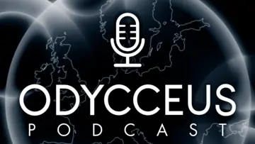 ODYCCEUS Logo mit stilisierten Mikrofon, Karte von Europa im Hintergrund 