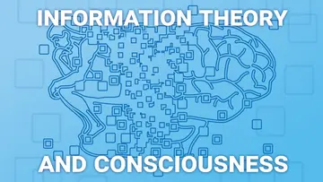 "Information Theory and Consciousness" next to the image of a thinker and a stylized brain