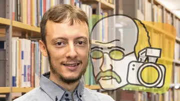 Portrait of Alessio Borzi in front of bookshelves and the Math Planck People logo