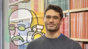 Portrait of James R Farre in front of bookshelves and the Math Planck People logo