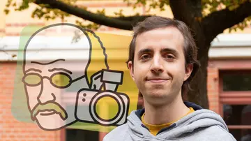 Portrait of Antonio Hidalgo outside and the Math Planck People logo